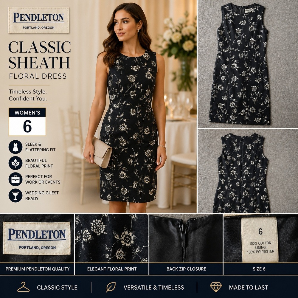 Pendleton Womens 6 Black White Floral Cotton Sheath Dress Sleeveless Lined